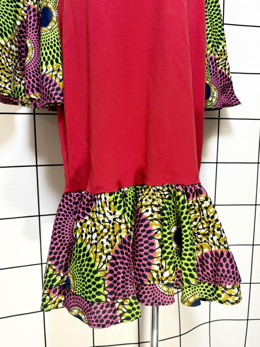 画像8: アフリカンバティック ドレス フレア袖 ティアード 古着 エスニック レトロ ヴィンテージワンピース (8)