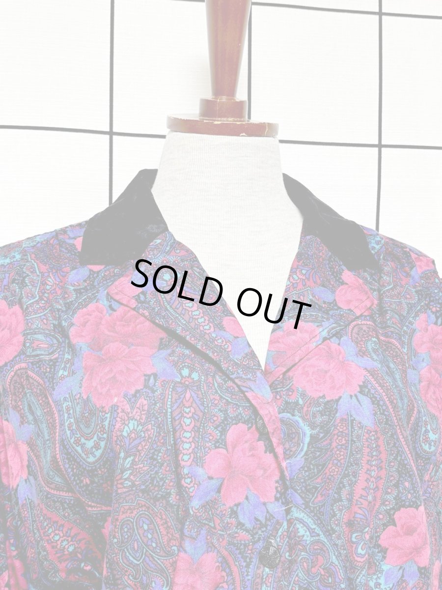 画像5: 薔薇柄 ペイズリー ベルベット切り替え UNIONMADE ウエストゴム レトロ 長袖 USA古着 ヴィンテージワンピース (5)