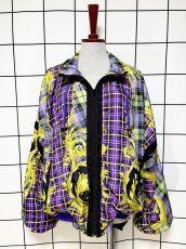 画像1: チェック柄 花柄 オーバーサイズ ジップアップ レトロ USA古着 ジャンパー ブルゾン ヴィンテージナイロンジャケット (1)