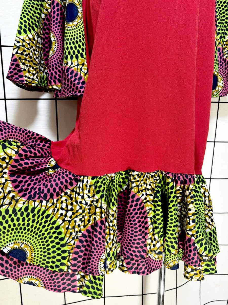 画像9: アフリカンバティック ドレス フレア袖 ティアード 古着 エスニック レトロ ヴィンテージワンピース (9)