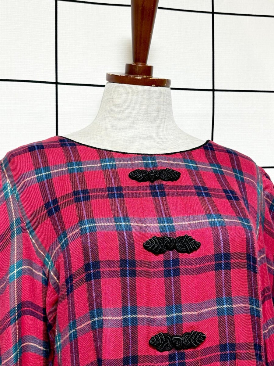 画像6: チャイナボタン装飾 チェック柄 レッド バックリボン レトロ USA古着 ヴィンテージワンピース (6)