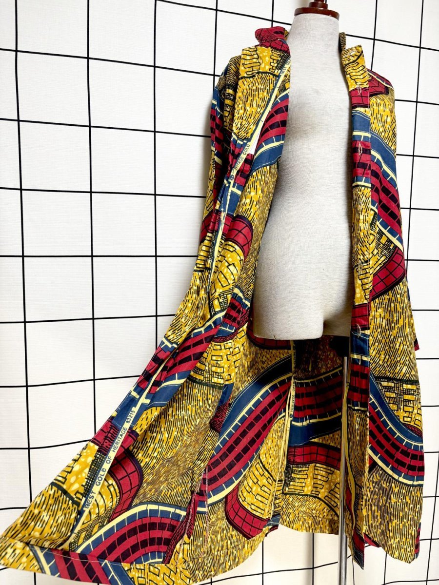 画像9: アフリカンバティック ドレス スタンドカラー 前開き 古着 エスニック レトロ ヴィンテージワンピース (9)