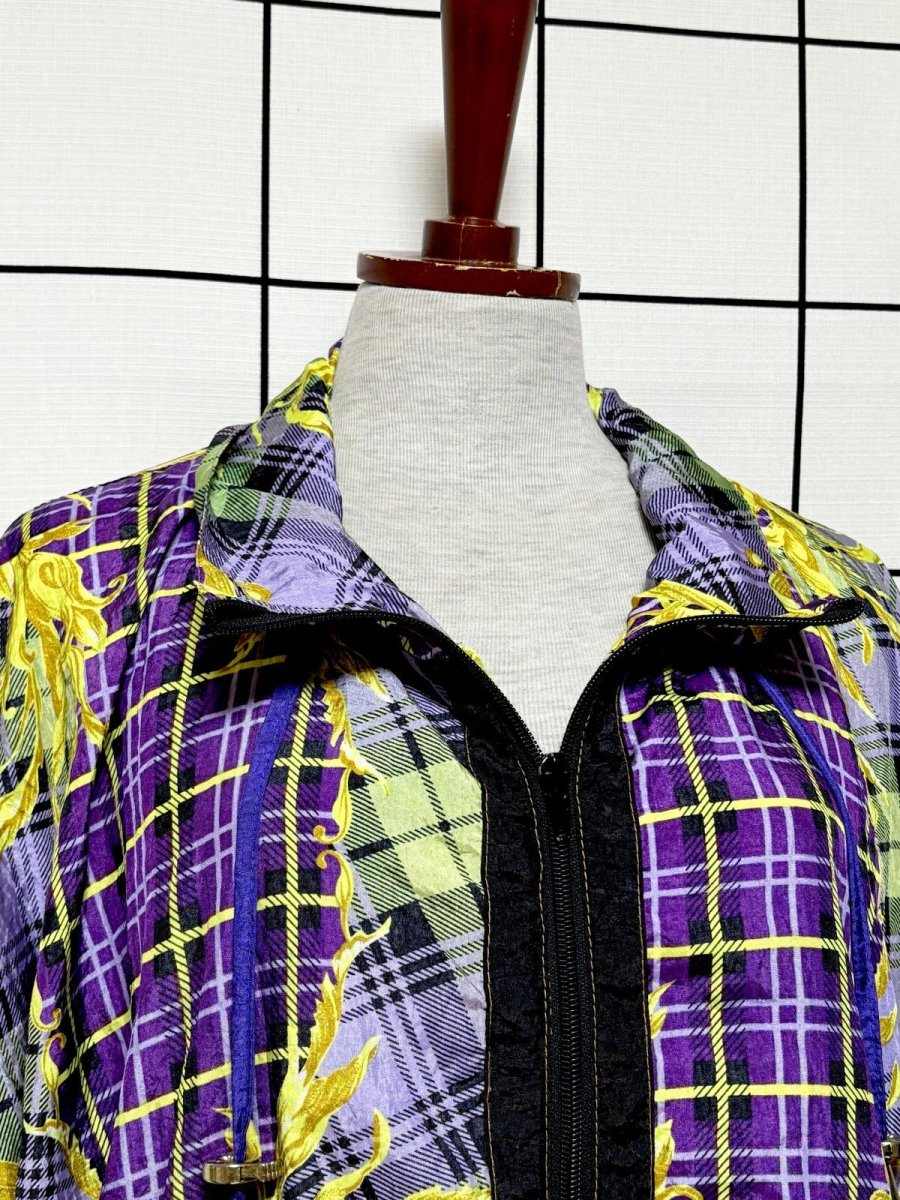 画像5: チェック柄 花柄 オーバーサイズ ジップアップ レトロ USA古着 ジャンパー ブルゾン ヴィンテージナイロンジャケット (5)