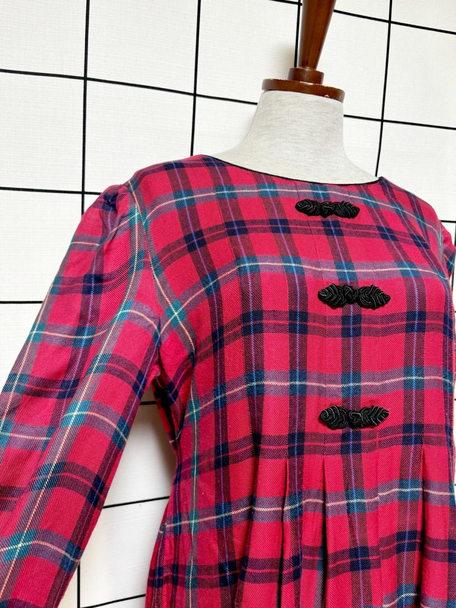 画像7: チャイナボタン装飾 チェック柄 レッド バックリボン レトロ USA古着 ヴィンテージワンピース (7)