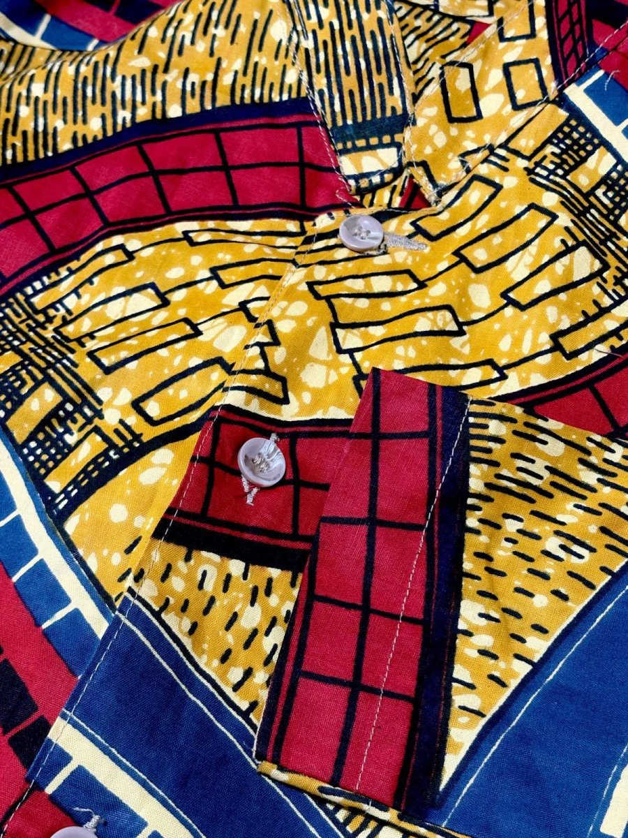画像10: アフリカンバティック ドレス スタンドカラー 前開き 古着 エスニック レトロ ヴィンテージワンピース (10)