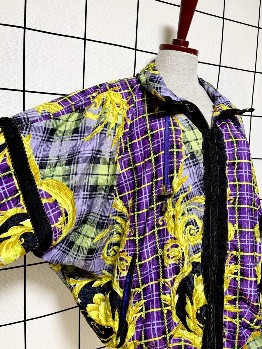 画像6: チェック柄 花柄 オーバーサイズ ジップアップ レトロ USA古着 ジャンパー ブルゾン ヴィンテージナイロンジャケット (6)