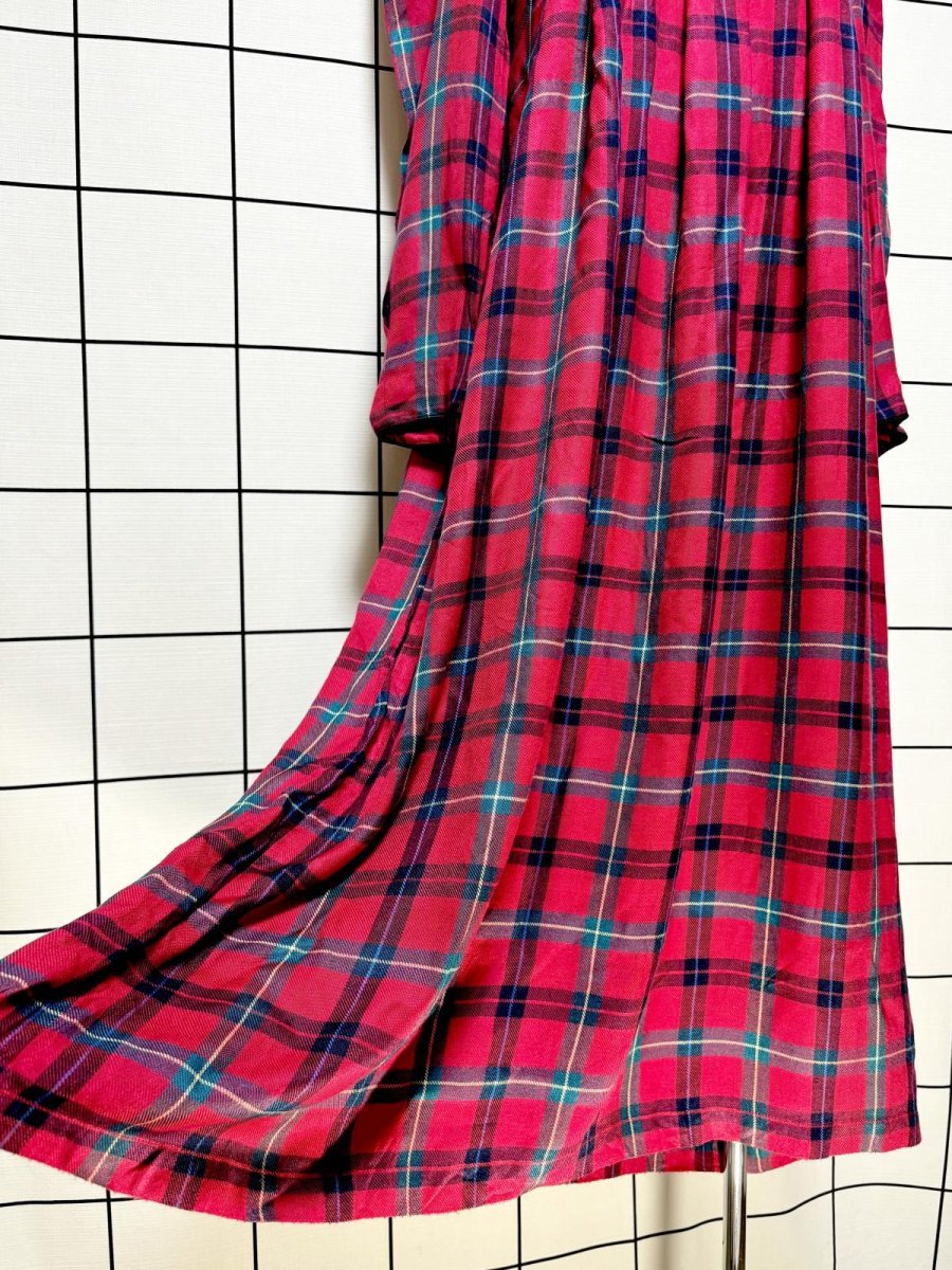 画像10: チャイナボタン装飾 チェック柄 レッド バックリボン レトロ USA古着 ヴィンテージワンピース (10)