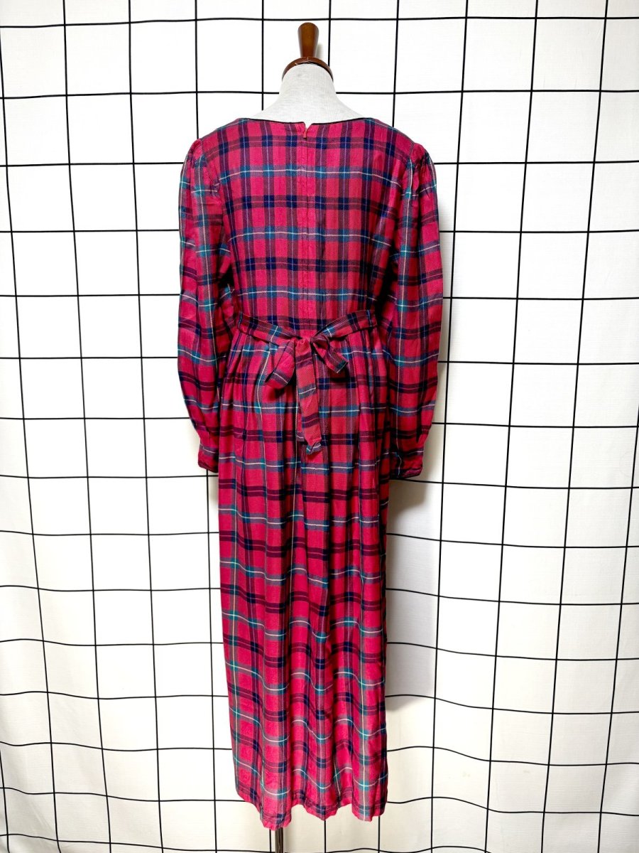 画像2: チャイナボタン装飾 チェック柄 レッド バックリボン レトロ USA古着 ヴィンテージワンピース (2)