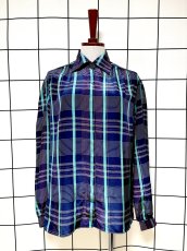 画像1: チェック ネイビー レトロ USA古着 シャツ ヴィンテージブラウス (1)