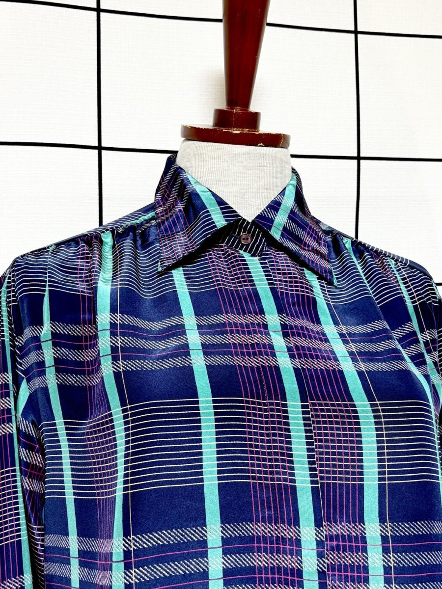 画像5: チェック ネイビー レトロ USA古着 シャツ ヴィンテージブラウス (5)