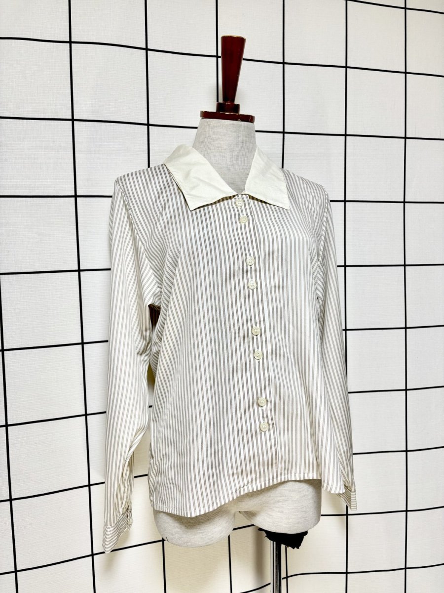 画像3: ストライプ 襟切り替えし レトロ 国産古着 長袖 シャツ ヴィンテージブラウス (3)