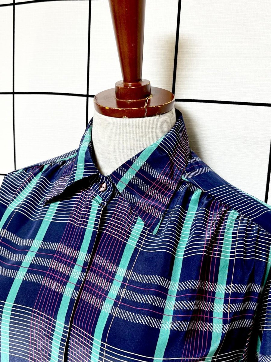 画像4: チェック ネイビー レトロ USA古着 シャツ ヴィンテージブラウス (4)