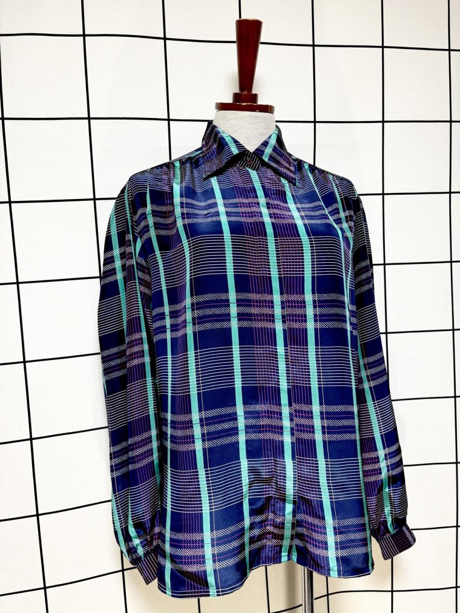 画像3: チェック ネイビー レトロ USA古着 シャツ ヴィンテージブラウス (3)