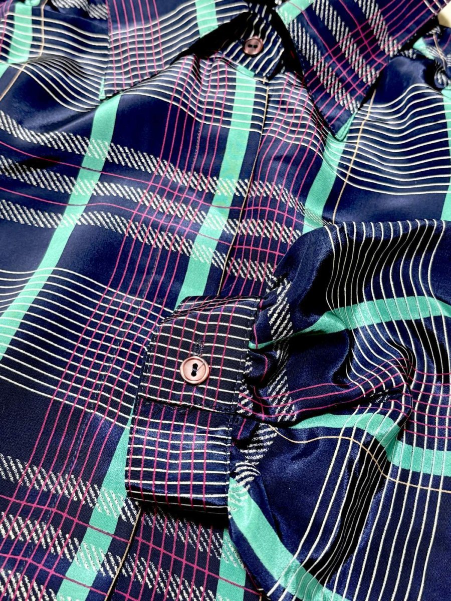 画像8: チェック ネイビー レトロ USA古着 シャツ ヴィンテージブラウス (8)