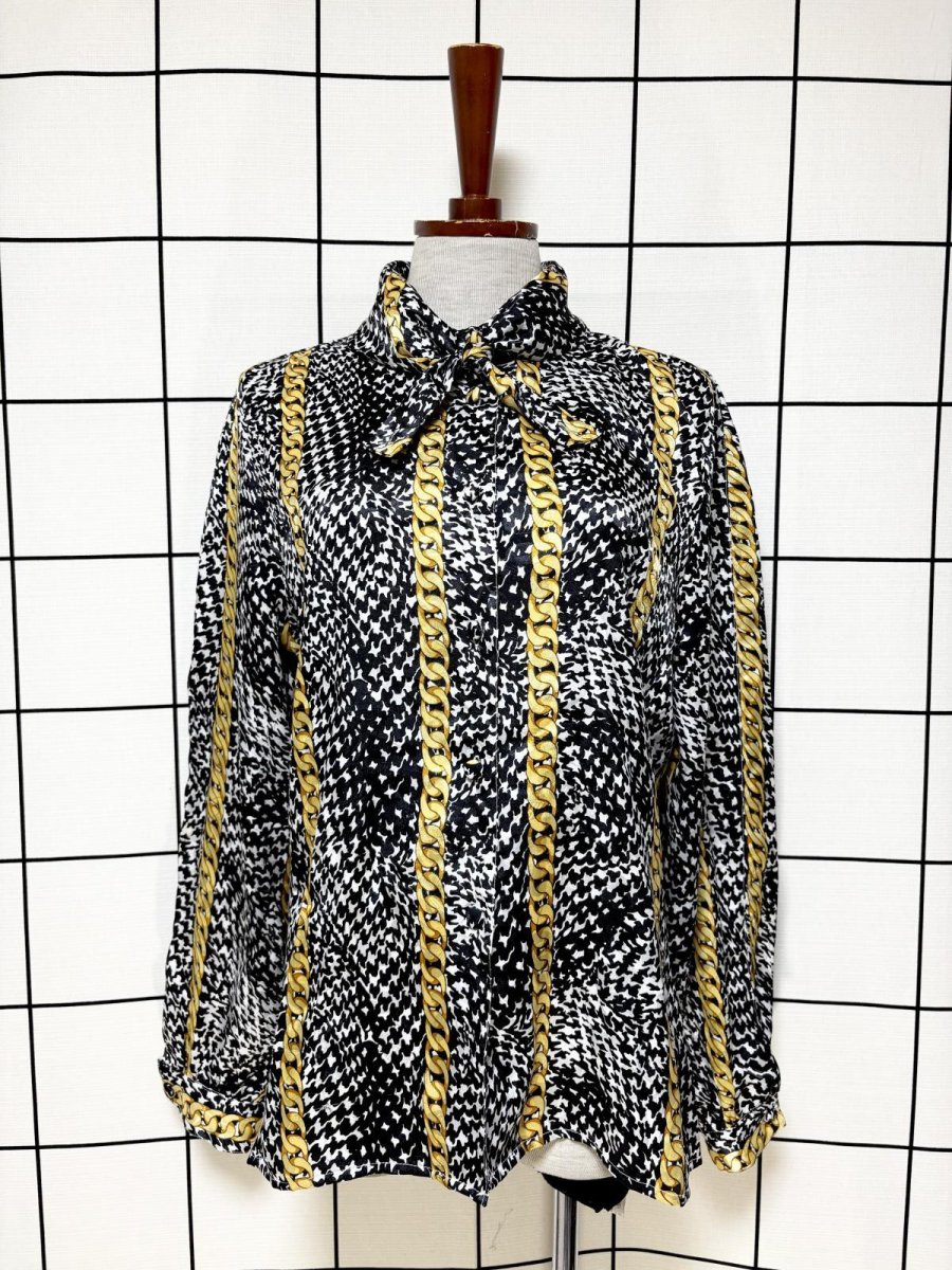 画像1: スカーフ柄 首元リボン シャツ USA古着 レトロ ヴィンテージブラウス (1)