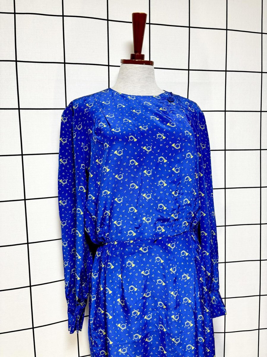 画像3: ラッパ柄 音符柄 ブルー ウエストゴム レトロ USA古着 ヴィンテージワンピース (3)