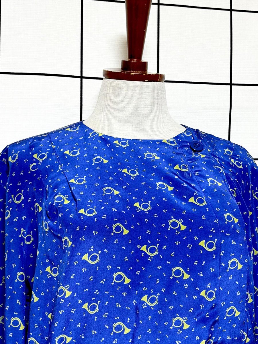 画像5: ラッパ柄 音符柄 ブルー ウエストゴム レトロ USA古着 ヴィンテージワンピース (5)