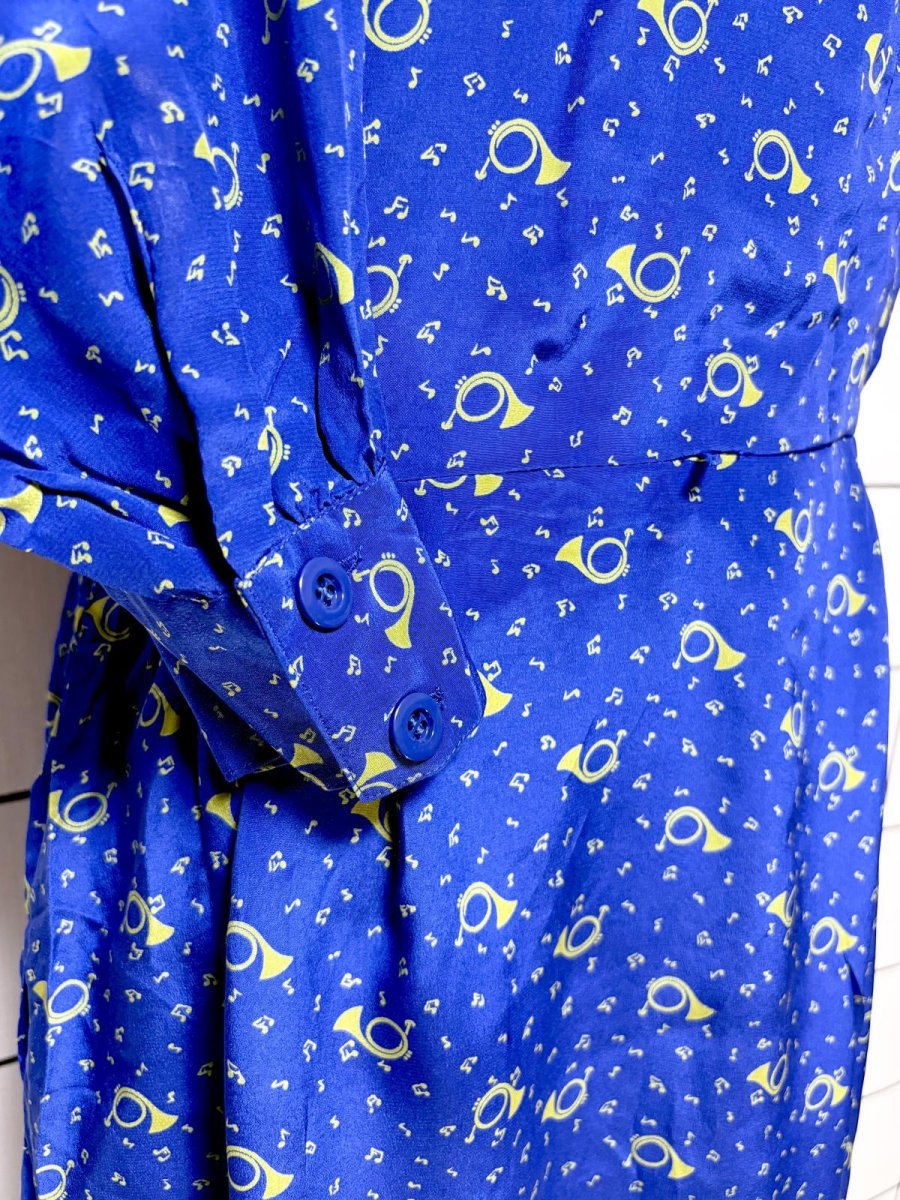 画像7: ラッパ柄 音符柄 ブルー ウエストゴム レトロ USA古着 ヴィンテージワンピース (7)