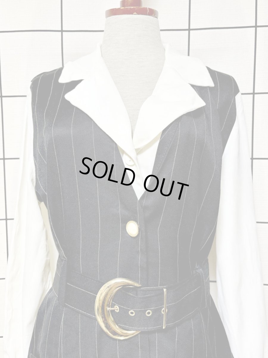 画像8: ベルトセット ストライプ 前開き モノクロ レトロ USA古着 ヴィンテージワンピース (8)