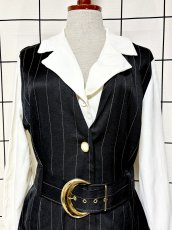 画像8: ベルトセット ストライプ 前開き モノクロ レトロ USA古着 ヴィンテージワンピース (8)