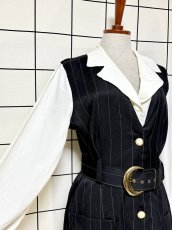 画像6: ベルトセット ストライプ 前開き モノクロ レトロ USA古着 ヴィンテージワンピース (6)