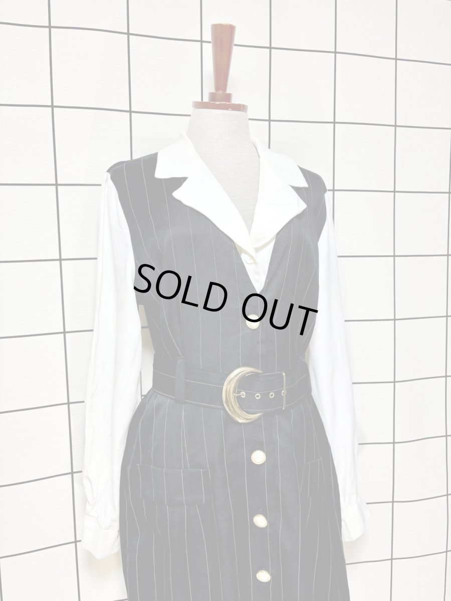 画像3: ベルトセット ストライプ 前開き モノクロ レトロ USA古着 ヴィンテージワンピース (3)