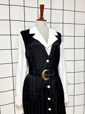 画像3: ベルトセット ストライプ 前開き モノクロ レトロ USA古着 ヴィンテージワンピース (3)