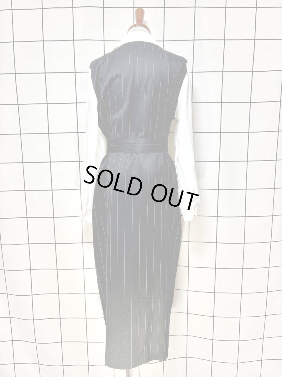 画像2: ベルトセット ストライプ 前開き モノクロ レトロ USA古着 ヴィンテージワンピース (2)
