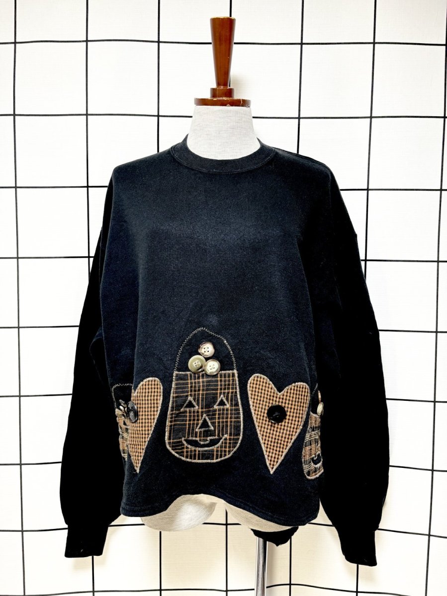 画像1: ハロウィン刺繍 チェック ブラック レトロ USA古着 ヴィンテージスウェット (1)