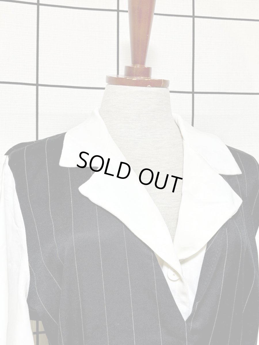 画像5: ベルトセット ストライプ 前開き モノクロ レトロ USA古着 ヴィンテージワンピース (5)