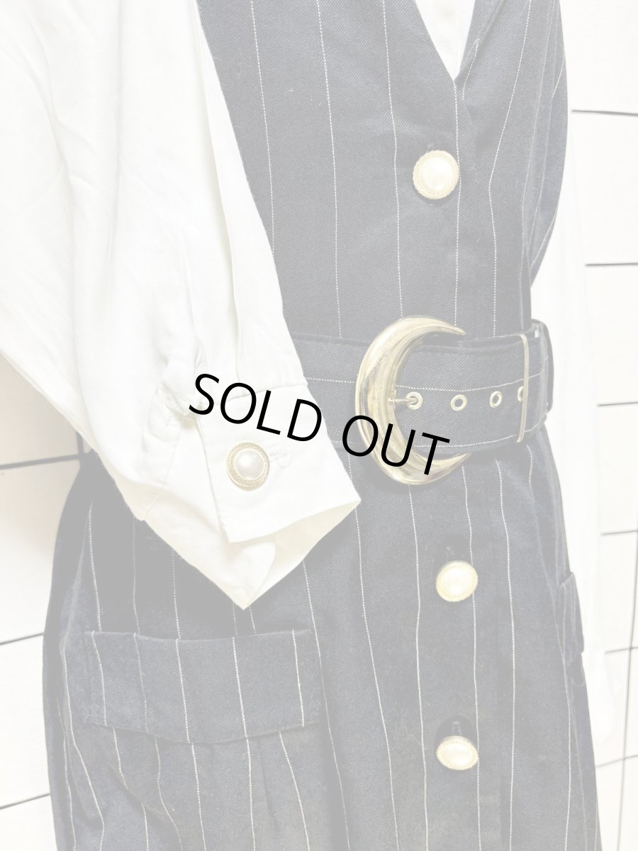 画像7: ベルトセット ストライプ 前開き モノクロ レトロ USA古着 ヴィンテージワンピース (7)