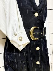 画像7: ベルトセット ストライプ 前開き モノクロ レトロ USA古着 ヴィンテージワンピース (7)