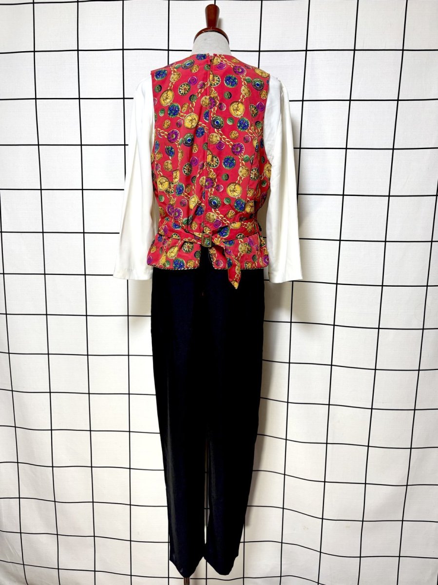 画像2: レイヤード風 スカーフ柄 ウエストゴム レトロ USA古着 ヴィンテージオールインワン (2)