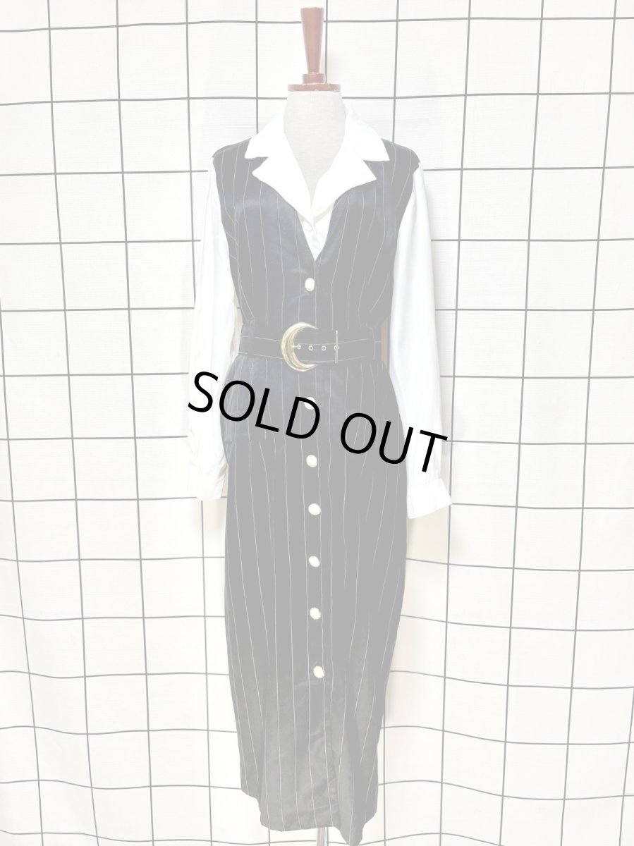 画像1: ベルトセット ストライプ 前開き モノクロ レトロ USA古着 ヴィンテージワンピース (1)