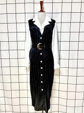 画像1: ベルトセット ストライプ 前開き モノクロ レトロ USA古着 ヴィンテージワンピース (1)