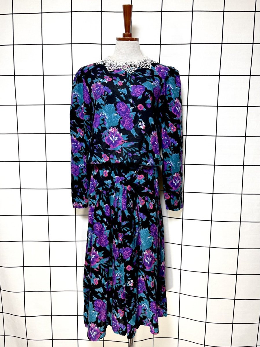 画像1: 花柄 レース襟 レトロ USA古着 ヴィンテージワンピース (1)