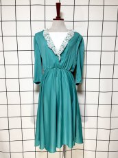 画像1: レース襟 無地 ウエストゴム レトロ USA古着 ヴィンテージワンピース (1)