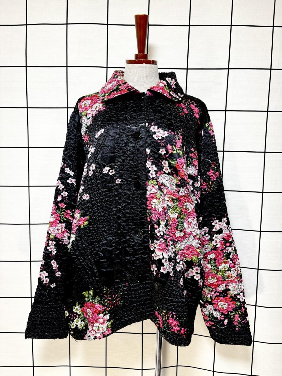 画像1: ポップコーンジャケット ブラック 花柄 レトロ USA古着 (1)