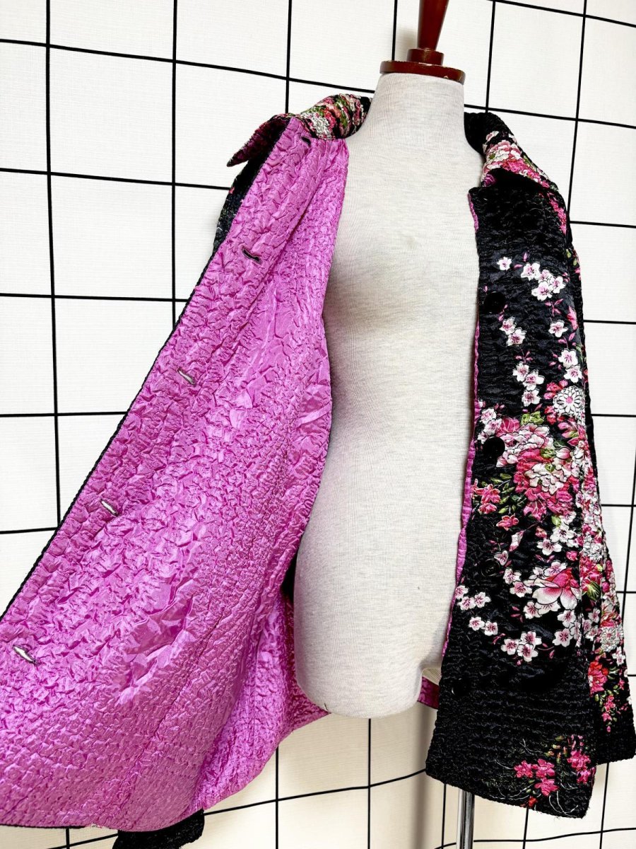 画像9: ポップコーンジャケット ブラック 花柄 レトロ USA古着 (9)