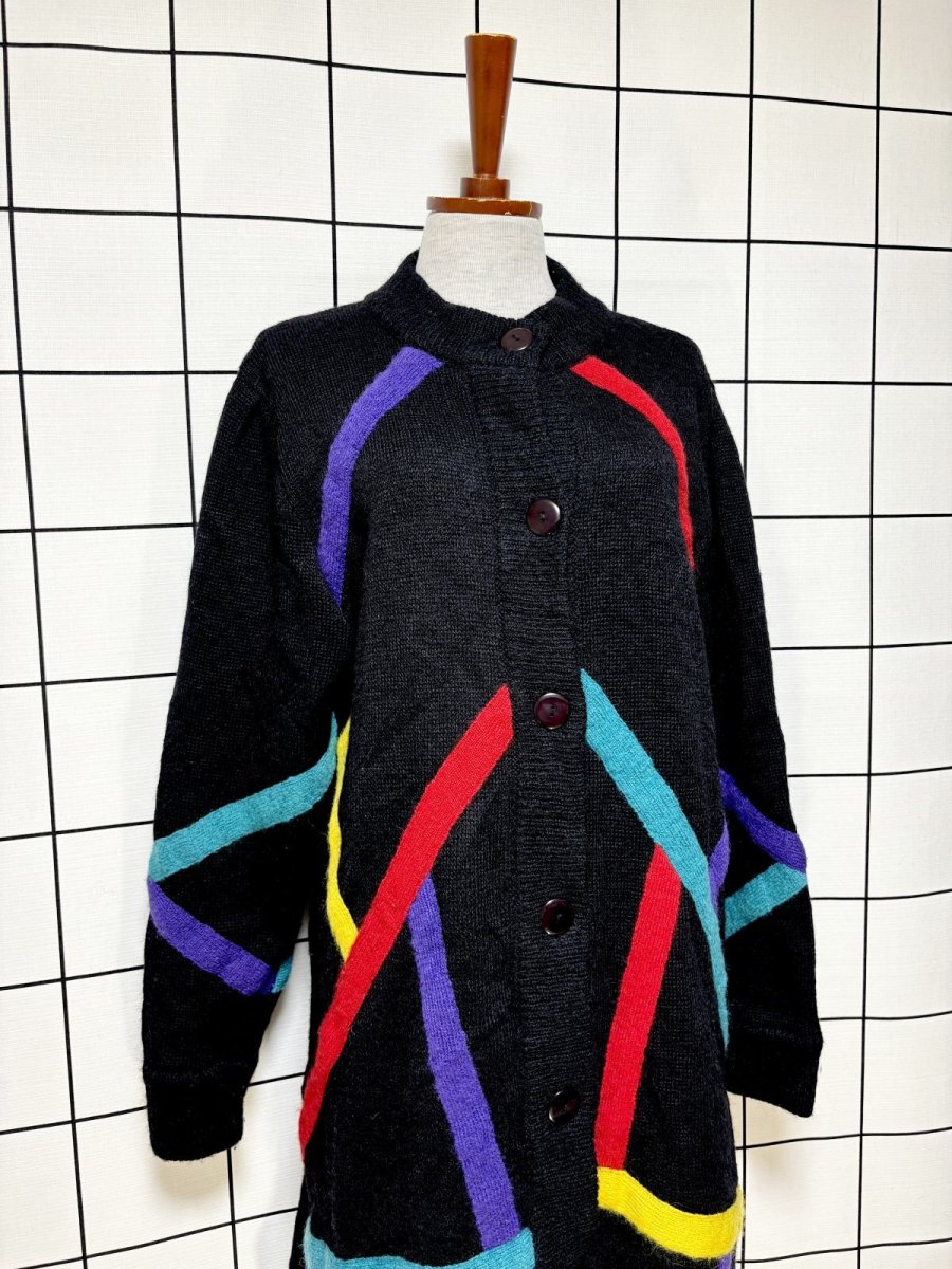 画像3: カラフルライン ブラック レトロ USA古着 ヴィンテージ ロングニットカーディガン (3)