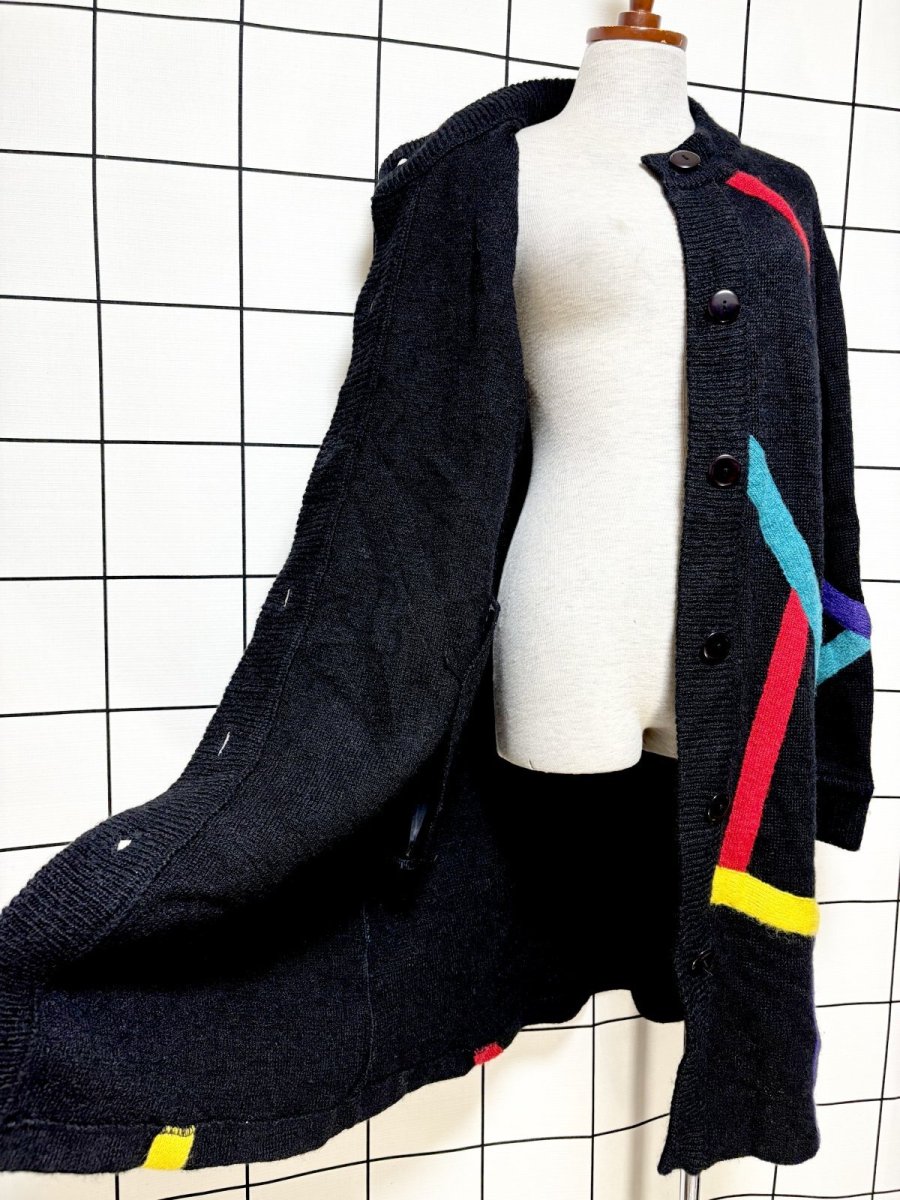 画像8: カラフルライン ブラック レトロ USA古着 ヴィンテージ ロングニットカーディガン (8)