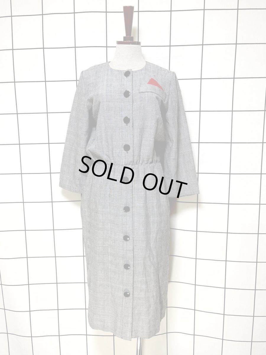 画像1: グレンチェック ポケットチーフ ウエストゴム レトロ 長袖 USA古着 ヴィンテージワンピース (1)