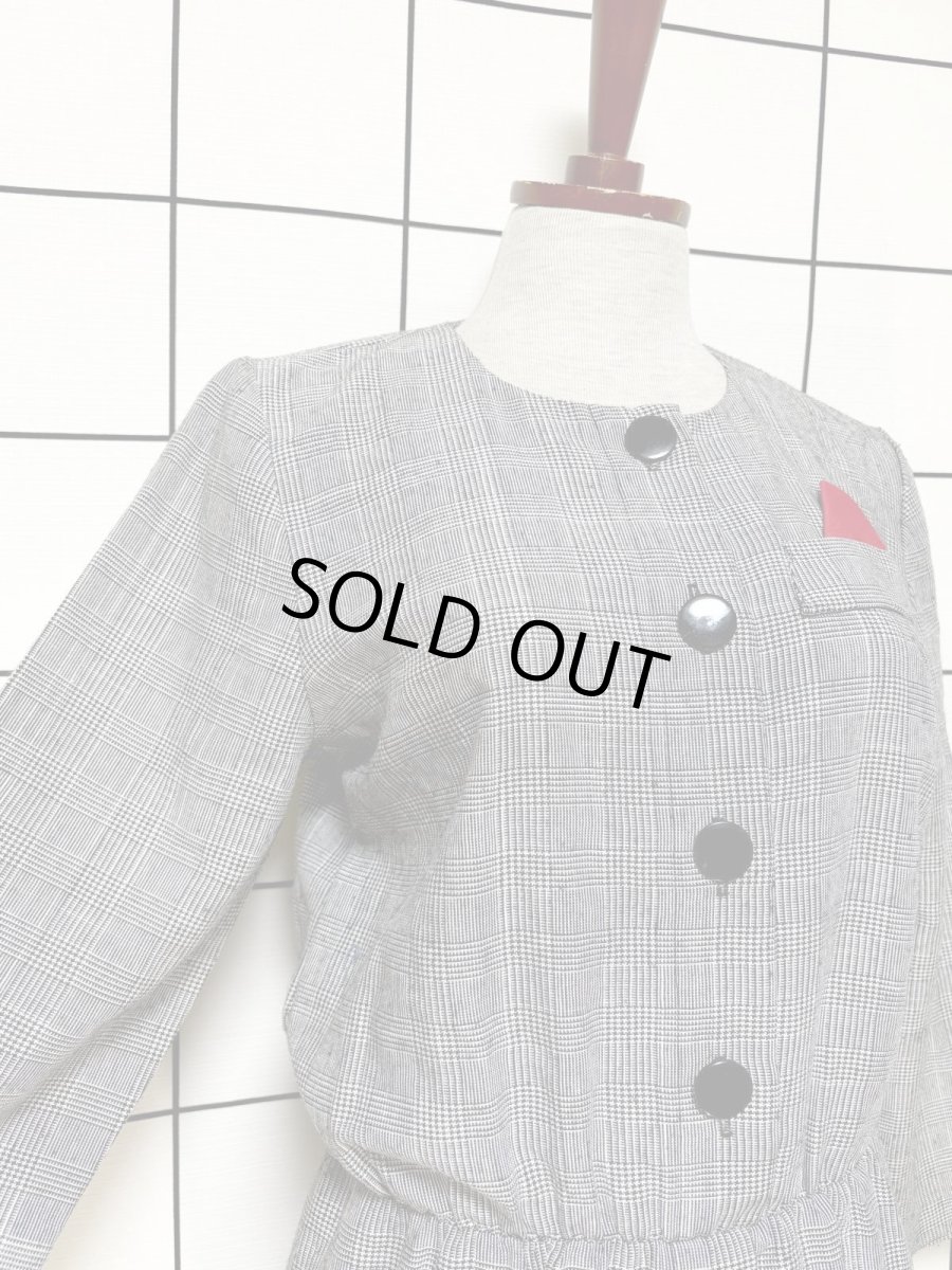 画像7: グレンチェック ポケットチーフ ウエストゴム レトロ 長袖 USA古着 ヴィンテージワンピース (7)