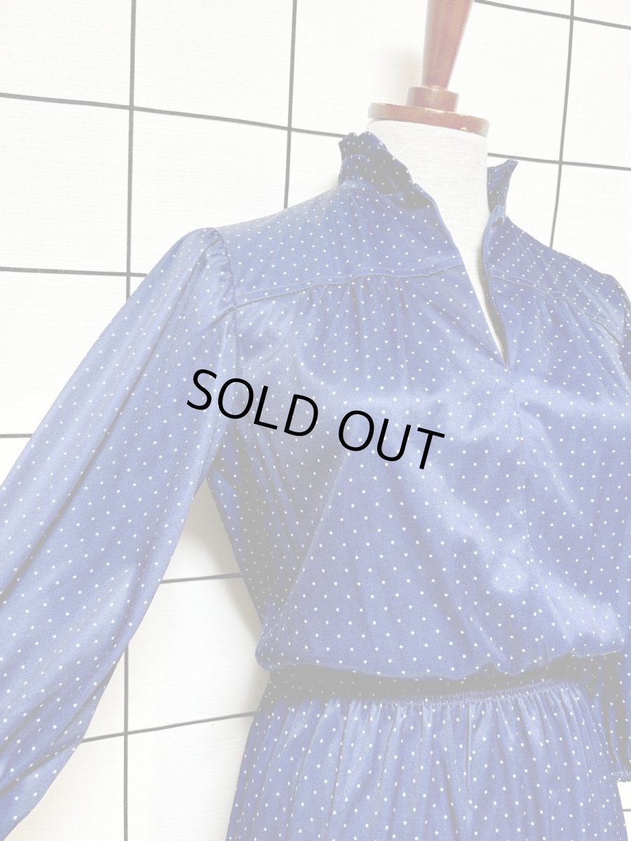 画像6: ドット柄  ネイビー ウエストゴム レトロ USA古着 ヴィンテージワンピース (6)