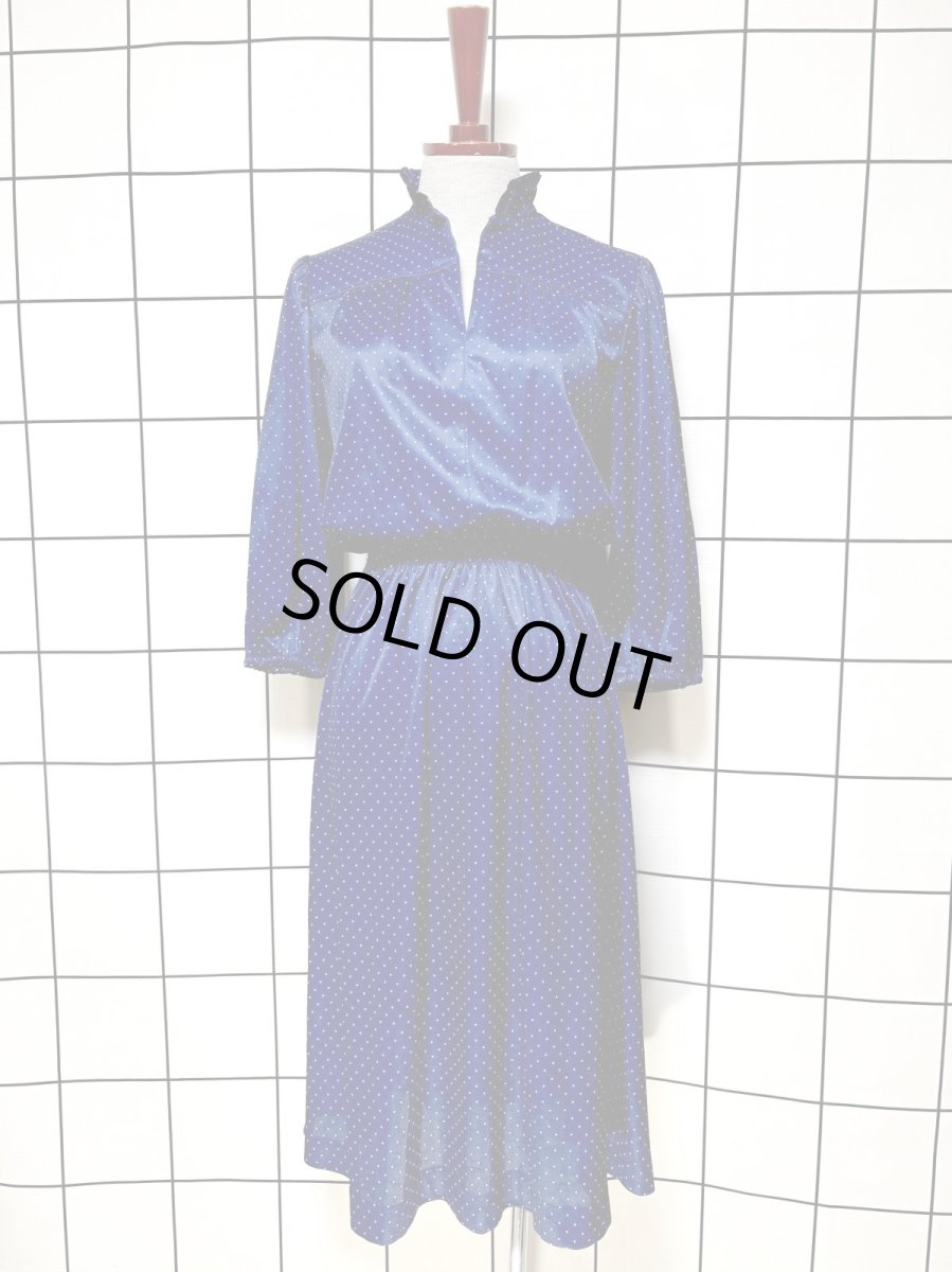 画像1: ドット柄  ネイビー ウエストゴム レトロ USA古着 ヴィンテージワンピース (1)