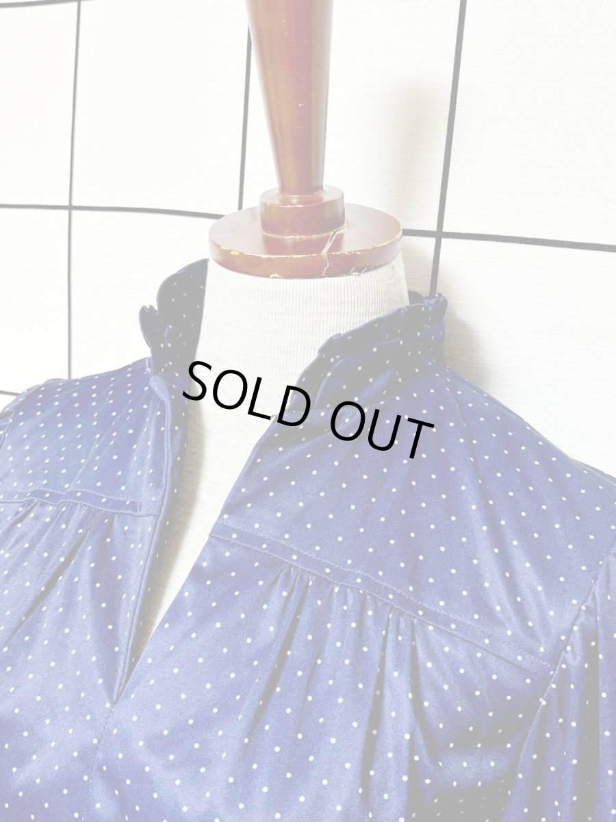 画像4: ドット柄  ネイビー ウエストゴム レトロ USA古着 ヴィンテージワンピース (4)