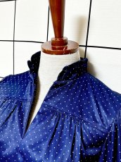 画像4: ドット柄  ネイビー ウエストゴム レトロ USA古着 ヴィンテージワンピース (4)