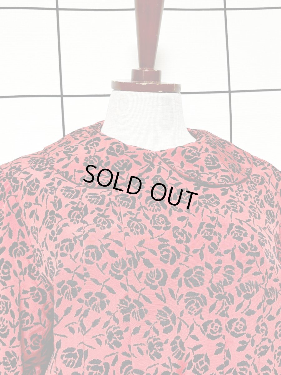 画像5: 薔薇柄 レッド ウエストゴム レトロ 長袖 USA古着 ヴィンテージワンピース (5)