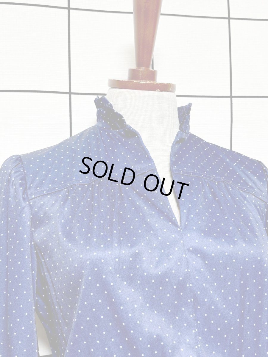 画像5: ドット柄  ネイビー ウエストゴム レトロ USA古着 ヴィンテージワンピース (5)