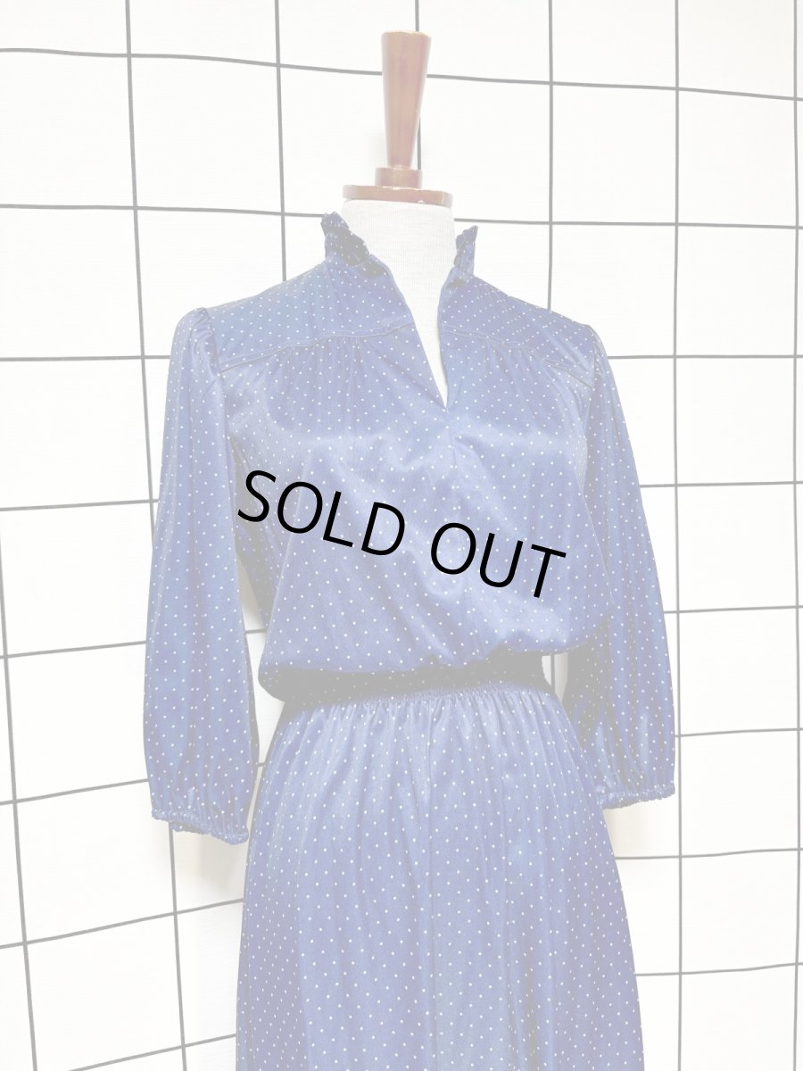 画像3: ドット柄  ネイビー ウエストゴム レトロ USA古着 ヴィンテージワンピース (3)